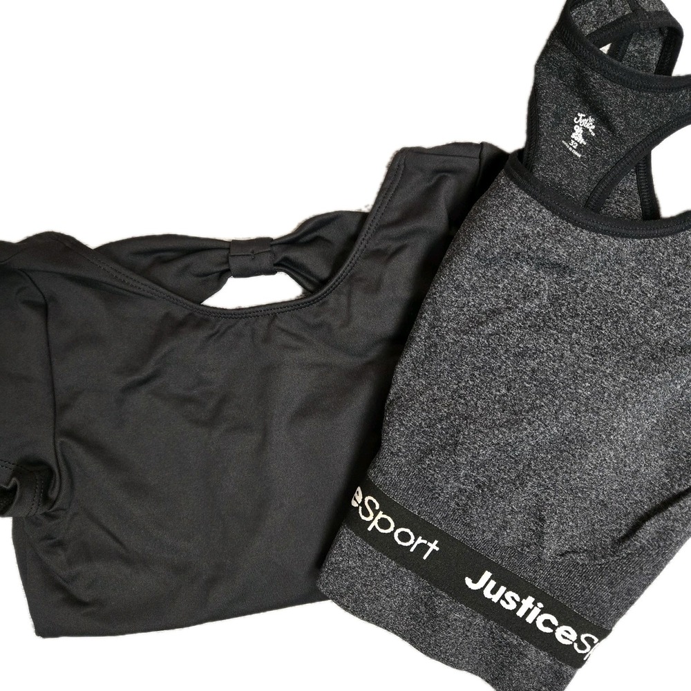 Justice Leo & Crop Top Sports Bra Lot Dance Gymnastics Cap Sleeve Bow Back Black